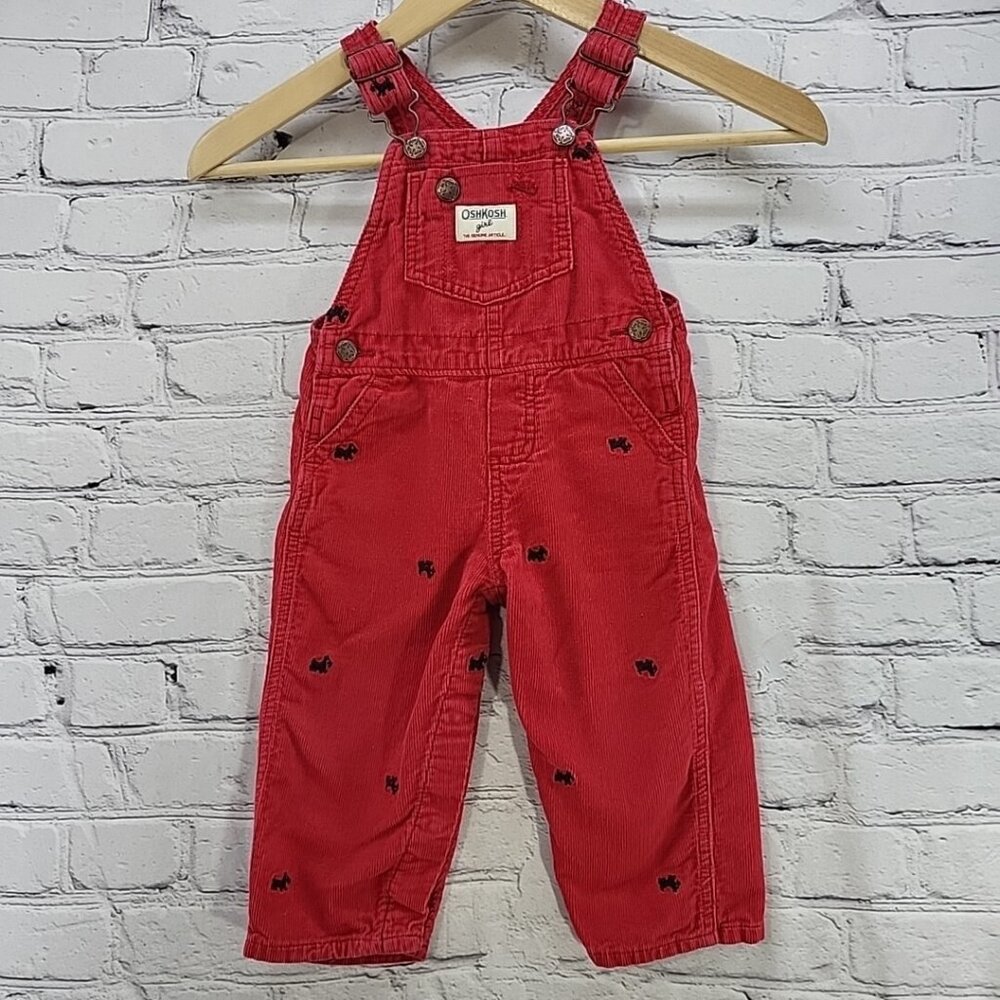 Oshkosh Vintage Overalls Sz 18 Mos Girls Red Corduroy Scottie Dog